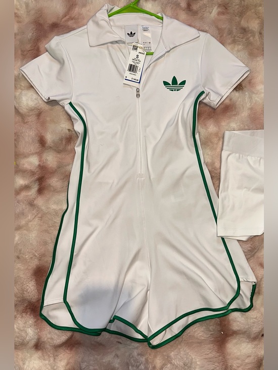 adidas Pants - adidas White Short-Sleeve One-Piece Romper with Green Trim